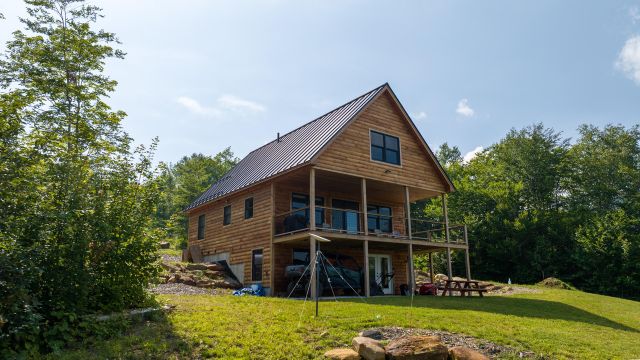 Log-style cabin exterior with metal roof surrounded by summer trees