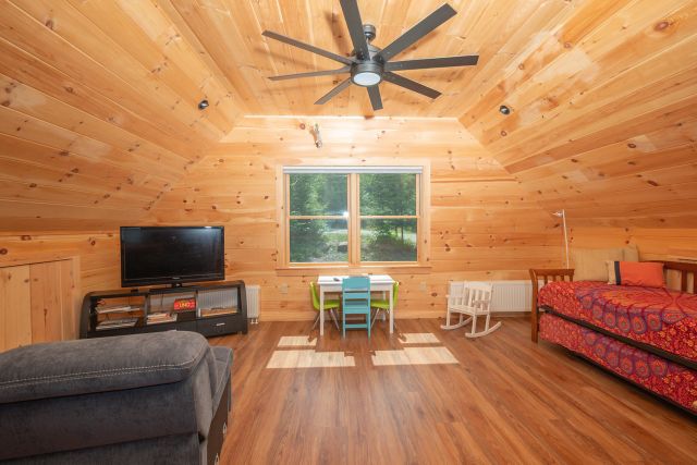Loft bonus room with vaulted knotty pine ceiling, TV area and day bed